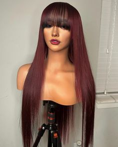 Wigs Length: Long Hair Density:180% density Feature: Daily Use Texture: Straight Cap Size: Small cap, medium cap (default) and Large cap are available (please leave a message) Order processed within 3-5 business days,Then shipped Them. Return policy general order 1. After you receive it and before you open the wig, you can return it to us in 2 days to  get 100% refund for your hair but the return shipping cost buyers support; 2. After you open the package and wig but before you use it, if you fi Burgundy Hair With Bangs, Wigs Burgundy, Red Wig With Bangs, Burgundy Wigs With Bangs, Red Lace Front Wigs With Bangs, Burgundy Red Lace Front Wig, Burgandy Lace Wigs, Human Wigs, Brazilian Remy Hair