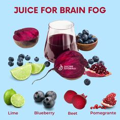 the juice for brain fog contains blueberries, lime, beet, pomegranate and raspberry