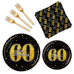 a black and gold 60th birthday party supplies kit with forks, napkins and fork