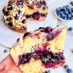 someone holding up a piece of blueberry cheesecake