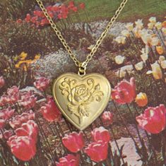 Deadstock vintage large brass heart locket charm with 3D rose, on a gold-plated cable chain. 16" Length chain 29x28mm charm Golden Locket Aesthetic, Taryn Duarte, Rose Locket, Dreamy Jewelry, Dreamy Eyes, Heart Pendent, Gold Heart Locket, Products Photography, Rose Heart