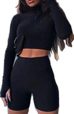 Black High Stretch Crop Top For Club, High Waist Stretch Black Crop Top, Black High-waist Crop Top For Night Out, Trendy Black Crop Top For Yoga, Women Sportswear, Sleeve Women, Sportswear Women, Two Piece Set, Long Sleeve Crop Top