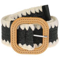 a black and white woven belt with a metal buckle on the front, featuring an interlocked loop