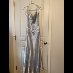 Nwt Beautiful Silver Gray Satin Full Length Dress. Drape Neckline, Low Hip Embellishment. Low Back Line W/ Straps. Slip Dress Formal, Silver Slip Dress, Silver Grey Dress, Grey Blue Dress, Dress Drape, Full Length Dress, Satin Dress, Low Back, Gray Dress