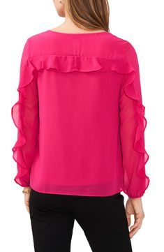 Cascading ruffles wend their way down the sleeves of this lovely lightweight georgette blouse. 17" length V-neck Long sleeves with elastic cuffs Lined, except sleeves 100% polyester Machine wash, tumble dry Imported Elegant Tops With Ruffle Elastic Sleeves, Chiffon Ruffle Blouse For Workwear, Elegant Top With Elastic Ruffle Sleeves, Elegant Tops With Elastic Ruffle Sleeves, Chiffon Blouse With Ruffles For Work, Workwear Blouse With Elastic Ruffle Sleeves, Flowy Ruffle Sleeve Blouse With Ruffles, Fitted Blouse With Blouson Ruffle Sleeves, Flowy Ruffle Sleeve Blouse With Ruffle Hem