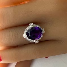 Ring width at top: 5/8 inch Ring size: 6 1/2   Can be sized 5 to 9 Diamonds: Natural & Untreated. Estimated 0.25 carats total weight of single cut diamonds. Average H/VS2 quality Amethyst: Fine, natural. Estimated 2 carats It is important that I turnover pieces that have been used in our costume/prop rentals. To show you my appreciation I'm incIuding a gift of c. 1980 bold agate pin. I AM PRIMARILY A JEWELRY MANUFACTURER AND DIAMOND DEALER IN THE LOS ANGELES JEWELRY DISTRICT - dufaujewelry.com. Oval Gemstones For Formal Occasions, Formal Oval Gemstones, Luxury Purple Jewelry With Center Stone, Formal Amethyst Gemstones With Gemstone Accents, Formal Amethyst Gemstones With Accents, Luxury Round Amethyst Ring With Gemstone Accents, Luxury Hallmarked Amethyst Collectible Ring, Formal Round Gemstones For Fine Jewelry, Fine Jewelry Round Gemstones For Formal Occasions