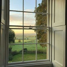 an open window looking out onto a green field