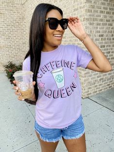 Monogrammed 'Caffeine Queen' T-Shirt – United Monograms Caffeine Queen, United Monograms, Long Sleeve Baseball Tee, Queen Tshirt, Matching Sets Outfit, French Terry Hoodie, Long Sleeve Kids, Comfort Colors Sweatshirt, Fall Denim