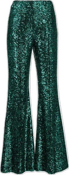 green silk blend all-over sequin embellishment high-waisted flared side welt pocket Green Sequined Party Pants, Green Sequin Party Pants, Glamorous Green Evening Pants, Glamorous Fitted Green Pants, Glamorous Green Bottoms For Party Season, Green Sequined Evening Bottoms, Green Sequined Bottoms For Night Out, Fitted Green Festive Bottoms, Green Flared Party Bottoms