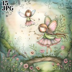 a painting of two little fairy girls flying over a bridge with flowers and butterflies in the background