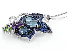 2.88ctw pear shape London blue topaz with .59ctw pear shape and .02ct round African amethyst, .34ctw marquise Russian chrome diopside, .89ctw round lab created blue spinel and .19ctw round white zircon, rhodium over sterling silver pendant with 18" Singapore chain. Measures approximately 1.55"L x 1.21"W. 2.3mm bail. Lobster claw clasp with a 2" extender. Black rhodium. Sapphire Marquise Gemstone Jewelry, Sapphire Marquise Jewelry With Diamond Accents, Multi-stone Marquise Jewelry Gift, Silver Multi-stone Pear-shaped Jewelry, Teardrop Multi-stone Fine Jewelry, Fine Jewelry Teardrop Multi-stone, Silver Pear-shaped Multi-stone Jewelry, Marquise Jewelry With Gemstone Accents As Gift, Multi-stone Drop Jewelry For Anniversary