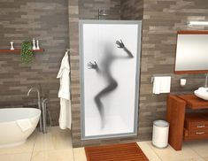 the shadow of a person is projected on a glass shower door in a modern bathroom