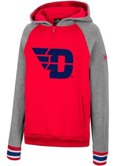 Those cold nights at the game won't keep your little Dayton fan from cheering on the team in Dayton Flyers Long Sleeve Hoodie! Give them this Dayton Flyers Youth Red Tuppence 1/4 Zip Hooded Sweatshirt to keep warm in the stands. This Flyers Long Sleeve Hoodie features a embroidery graphic. Red Team Spirit Hoodie, Red Game Day Fan Apparel Hoodie, Sporty Red Hoodie For Game Day, Collegiate Red Hoodie For Fan Gear, Red Hoodie With Team Name For Winter, Red Collegiate Hoodie For Fan Gear, Red Hooded Top For Sports Events, Collegiate Red Hoodie For Game Day, Red Collegiate Hoodie For Game Day