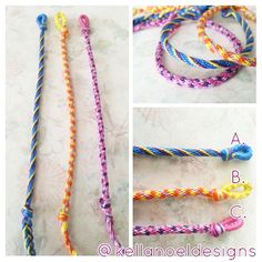 four different types of braided rope on a table with instructions for how to tie them