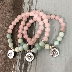 Natural Rose Quartz & Amazonite Gemstone Bead Mala Bracelet Om Buddha, Lotus Symbol, Om Bracelet, Lotus Bracelet, Mala Beads Bracelet, Buddha Bracelets, Amazonite Bracelet, Crystal Fashion, Gelang Manik