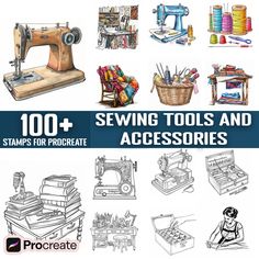 sewing tools and accessories are featured in the book, 100 + sewing tools and accessories