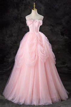 Step into a dream with this Fairytale Pink Tulle Ball Gown. This enchanting dress features a romantic off-shoulder neckline adorned with delicate ruffles, creating a whimsical and ethereal look. The fitted bodice is designed with a corset-like structure, providing both support and a flattering silhouette, making you feel like a princess.The voluminous skirt is crafted from layers of soft pink tulle that cascade gracefully to the floor, adding a sense of movement and elegance to your every step. Pink Prom Dresses Elegant, Gorgeous Pink Dresses, Long Poofy Dresses, Pink Dress For Sweet 16, Hot Pink Puffy Dress, Pink Prom Dresses Poofy, Corset Pink Prom Dress, Pink Angel Outfit, Sweet 16 Big Dresses