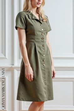 Olivia Mark - Elegant Olive Green Midi Dress with Classic Buttons - A Sophisticated Silhouette Elegant Olive Formal Dress, Elegant Olive Dress For Formal Occasions, Elegant Olive Dress For Spring, Elegant Mid-length Mini Dress For Daywear, Fitted Button-up Midi Dress For Office, Olive Midi Length Dress For Work, Fitted Dresses With Button Closure For Office Wear, Elegant Fitted Olive Dress, Olive Fitted V-neck Dress