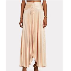 A.L.C. Ari Pleated Satin Maxi Skirt Size 8 Waist: 15" Length: 39" Materials: 100% Polyester He Chic Spring Waist-length Bottoms, Pleated Long Skirt For Summer, Pleated Beige Party Bottoms, Beige Pleated Party Bottoms, Pleated Maxi Skirt For Summer Night Out, High-waisted Pleated Skirt For Summer Nights, High Waist Pleated Skirt For Summer Nights Out, Skirted Summer Evening Bottoms, Elastic Waistband Long Skirt For Night Out