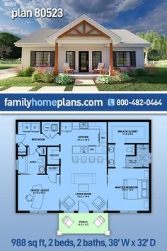 Small House Plan 80523 has 2 bedrooms, 2 baths, and 988 square feet. Despite being small, the design is open and comfortable, and the exterior is picture-perfect. This is an economical build because of the simple rectangular layout. Build this home for an investment property, guest house, getaway, or vacation home. Guest House Plans, 2 Bedroom House Plans, Ranch Style House Plans, Small House Plan