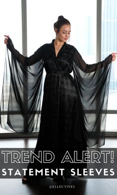 Black Silk Robe long wide sleeve Elegant Sheer Party Kimono, Elegant Sheer Robe For Party, Black Long Party Robe, Black Fitted Elegant Robe, Elegant Fitted Black Robe, Elegant Flowy Wrap Kimono, Black Silk Evening Kimono, Black Silk Dress With Kimono Sleeves, Chic Black Kimono For Party