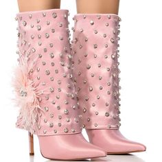 Pretty In Pink. The Azalea Wang " High Society " Pink Diamond Studded Boot With Flower Detail Features A Mid Calf Silhouette, A Luxe Satin Upper, A Fold Over Shaft, Rhinestone Stud Embellishments, And Flower-Shaped Feather Applique With A Rhinestone Cluster Center. Complete With A Pointed Toe Silhouette, A Slip On Fit, And A Slightly Covered Stiletto Heel. Brand New!!!!!!!!!!!!!!!!!!!!!!!!!!! - Satin Upper - Rubber Outsole - 8” Shaft - 14” Shaft Circumference - 4.5” Heel Pink Embellished High Heel Boots, Embellished Pink High Heel Boots, Embellished Pink Evening Boots, Embellished Pink Boots For Evening, Formal Rhinestone Boots For Spring, Embellished Boots For Formal Spring Occasions, Spring Formal Embellished Boots, Pink Embellished Boots For Spring, Spring Pink Embellished Boots