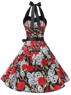 Live in the moment, gals!?This exquisite black rose skulls1950s dress is cut to perfection, with a tailored bodice that nips in at the waist to show off your killer curves, and a full, flared skirt that flatters all figures.?Turn back your fashion clock to the midst of the 1950s, where feminine chic reigned supreme, and dresses oozed pure elegance and seduction. Shipping Fee: Free Shipping (Except For Remote Areas)Material: PolyesterColor:?BlackLength: Knee-LengthStretch: Little StretchZipper: S Full Flared Skirt, Rose Skull, Skull Halloween, Feminine Chic, Standard Dress, Halloween Skull, Halloween Dress, Flared Skirt, Black Rose