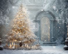 a white christmas tree surrounded by candles in front of an ornate building with snow on the ground