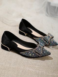 Achieve both style and comfort with our Sparkling Elegance: Rhinestone Bow High Heeled Shoes. These shoes are perfect for outdoor parties, adding a touch of glamour to any outfit. The sparkling rhinestone bow detail will catch everyone's eye while the high heel provides support and grace. Color : Black Pattern Type : Plain Heel Height : Flat Size Fit : True To Size Material : TPR Upper Material : Lace Lining Material : PU Leather Glamorous Flat Heels For Party, Low Heel Rhinestone Party Heels, Party Heels With Rhinestones And Low Heel, Low Heel Party Heels With Rhinestones, Flat Heels With Rhinestones For Prom, Embellished Flat Heels For Prom, Glamorous Embellished Flat Heels, Fairy Shoes, Bow High Heels