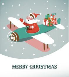 a christmas card with santa claus on an airplane flying in the sky and presents under it