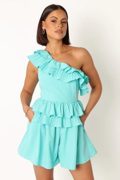 Rosewood One Shoulder Romper - Blue - Petal & Pup USA Fitted One-shoulder Ruffled Jumpsuit, One-shoulder Fitted Jumpsuit With Ruffles, Fitted One-shoulder Jumpsuit With Ruffles, One-shoulder Ruffled Jumpsuits And Rompers For Spring, Spring One-shoulder Ruffled Jumpsuits And Rompers, Spring One Shoulder Ruffled Jumpsuits And Rompers, One Shoulder Jumpsuit For Summer Party, Chic One-shoulder Ruffled Jumpsuit, Chic One Shoulder Ruffled Jumpsuit