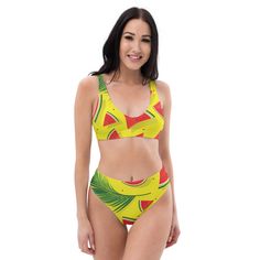 It’s too easy to fall in love with this watermelon bikini set. Removable pads and its double-layer make it comfy to wear all day by the pool or at the beach.• Fabric composition in the EU: 88% recycled polyester, 12% elastane• Fabric weight in the EU (may vary by 5%): 6.78 oz/yd² (230 g/m²)• Fabric composition in MX: 81% REPREVE recycled polyester, 19% LYCRA XTRALIFE • Fabric weight in MX (may vary by 5%): 7.52 oz/yd² (255g/m²)• Double-layered and non-reversible• Removable padding• Tear-away care label• Zig-zag stitchingThis product is made especially for you as soon as you place an order, which is why it takes us a bit longer to deliver it to you. Making products on demand instead of in bulk helps reduce overproduction, so thank you for making thoughtful purchasing decisions! Size guide C Green Swimwear For Summer Beach Activities, Playful Green Swimwear For Summer Activities, Fun Green Swimwear For Vacation, Tropical Swimwear For Summer Activities, Fun Red Swimwear For The Beach, Red Fun Swimwear For Pool, Fun Red Swimwear For Pool, Fun Green Swimwear For Pool, Fruit Print Swimwear For Beach Season