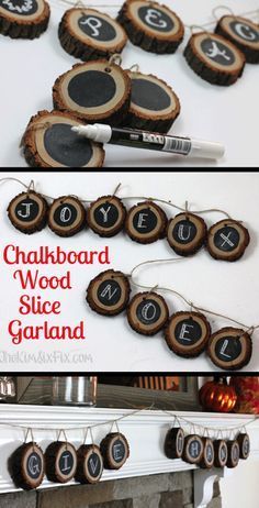 the homemade chalkboard wood slice garland is ready to decorate