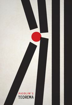 a black and white poster with red ball on it's back side, in the middle of vertical lines