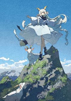 an anime character is standing on top of a mountain with two goats in the foreground