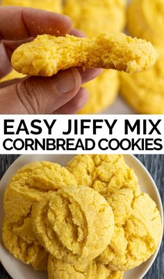 two pictures with the words easy jiffy mix cornbread cookies on top and bottom