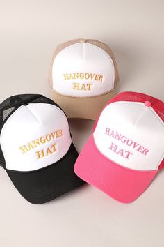 Rock the party and keep those pesky headaches at bay with our Hangover Hat Embroidered Trucker Cap! Featuring a hilarious "HANGOVER HAT" design, this 6 panel trucker hat has a meshed back for ultimate breathability. With an adjustable snap closure and one size fits all, you'll be looking and feeling cool all day (and night) long. Funny Trucker Hat, One Size Fits Most, Funny Adjustable Trucker Baseball Cap, Funny Trucker Hat One Size, Funny Adjustable Trucker Hat, Funny Trucker Hat With Letter Print, Funny One Size Fits Most Trucker Cap, Fun Mesh Trucker Hat Baseball Cap, Funny Letter Print Trucker Hat, Funny White Trucker Hat With Letter Print