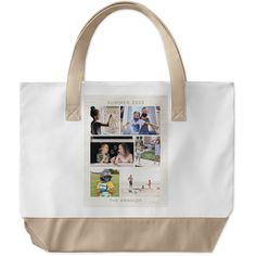 a tote bag with pictures of people playing tennis and other sports related items on it