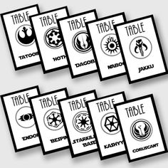 the star wars table name tags are shown in black and white, with different designs on them