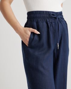 Looks like effortless style. Feels like pajamas. We love these wide-leg linen lounge pants from our best-selling European linen collection for casual work days, lazy weekends, and vacation vibes. Relaxed fit, elastic waistband, drawstring, and functional front pockets (obvi).  | Quince | Women's 100% European Linen Wide Leg Pants in Deep Navy, Size XS Linen Lounge Pants, Linen Lounge, Linen Wide Leg Pants, Silk Tee, Linen Collection, Vacation Vibes, Linen Tank, Wide Leg Linen Pants, European Linens