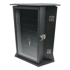 a black metal safe with the door open and keys on it's side, in front of a white background