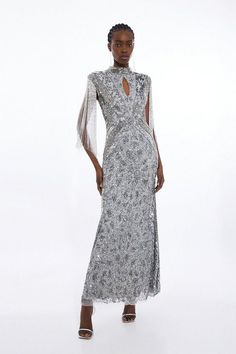 Petite Embellished Beaded Cap Sleeve Woven Maxi Dress | Karen Millen Glamorous Embellished Spring Maxi Dress, Spring Glamorous Embellished Maxi Dress, Glamorous Embellished Maxi Evening Dress, Sequined Evening Maxi Dress, Elegant Sparkling Sequin Maxi Dress, Embellished Long Sequin Evening Dress, Embellished Maxi Dress For Prom And Party Season, Glamorous Embellished Maxi Dress For Prom Season, Sparkling Maxi Evening Dress For Party Season