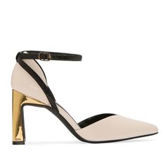 These Worthington women's Lambert flared heel pumps are a chic addition to your footwear collection thanks to their go-with-everything cream color elevated by a gold-tone heel. Crafted from faux leather, they also feature a sleek pointed toe and a contrasting black buckle ankle strap for a modern look. Wear them with a dress for a special occasion or with tailored pants for the office. Closure Type: Slip-OnShoe Heel Height: 3 1/4 InchesUpper/Outer Base Material: 100% PolyuretheneShoe Lining Mat… Cream Heels With Contrasting Heel Counter For Work, Gold Heels With Sculpted Heel And Pointed Toe, Chic Gold Heels With 4-inch Heel, Cream Heels With Wrapped Heel For Work, Chic Gold Slingback Pumps For Spring, Gold Block Heels With Contrasting Heel Counter, Glamorous Cream Pointed Toe Heels, Gold Pointed Toe Heels With Sculpted Heel, Chic Cream Heels For Evening