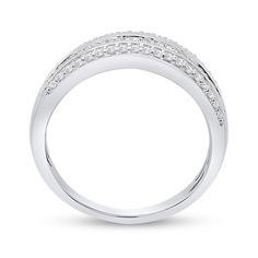 Add sparkle to all your favorite looks when you wear this baguette-cut and round diamond triple-row ring in sterling silver. Crafted in sterling silver Channel-set baguette-cut diamonds shimmer between polished and diamond-lined borders. This triple-row ring captivates with 1/2 ct. t.w. of diamonds. This ring is available in size 7 only. Modern Silver Diamond Ring With Baguette Diamonds, Silver Diamond Ring With Baguette And Round Cut, Silver Baguette Diamond Ring With Round Cut, Silver Baguette Diamond Rings, Silver Baguette Ring Fine Jewelry, Baguette Cut Diamond Ring With Pave Setting, White Gold Baguette Channel Set Jewelry, Silver Baguette Cut Diamond Ring, Baguette Diamond Ring With Diamond Accents