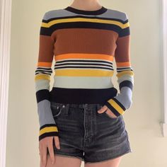 Gorgeous, Never Worn Sweater. Make An Offer!! Retro Color Block Tops For Fall, Retro Fall Color Block Tops, Retro Contrast Color Tops For Fall, Trendy Yellow Color Block Sweater, Retro Striped Color Block Sweater, Sporty Yellow Fall Sweater, Sporty Yellow Sweater For Fall, Retro Yellow Color Block Tops, Sporty Multicolor Color Block Sweater