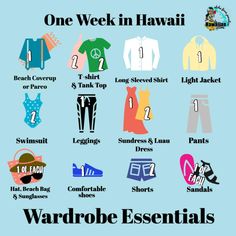 an image of various clothing items that are labeled in different colors and sizes, with the words'one week in hawaii'written below them