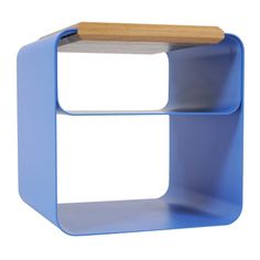 a blue shelf with a wooden top and two shelves on each side that have different sections