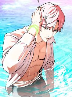 an anime character sitting in the water with his hand on his head and looking at something