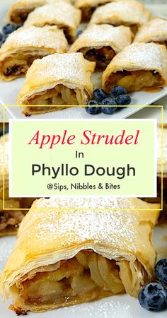 apple strudel in phylo dough with blueberries and bites on the side