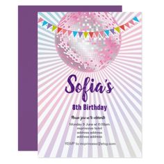 a birthday card with a disco ball and bunting streamers on the front, in purple